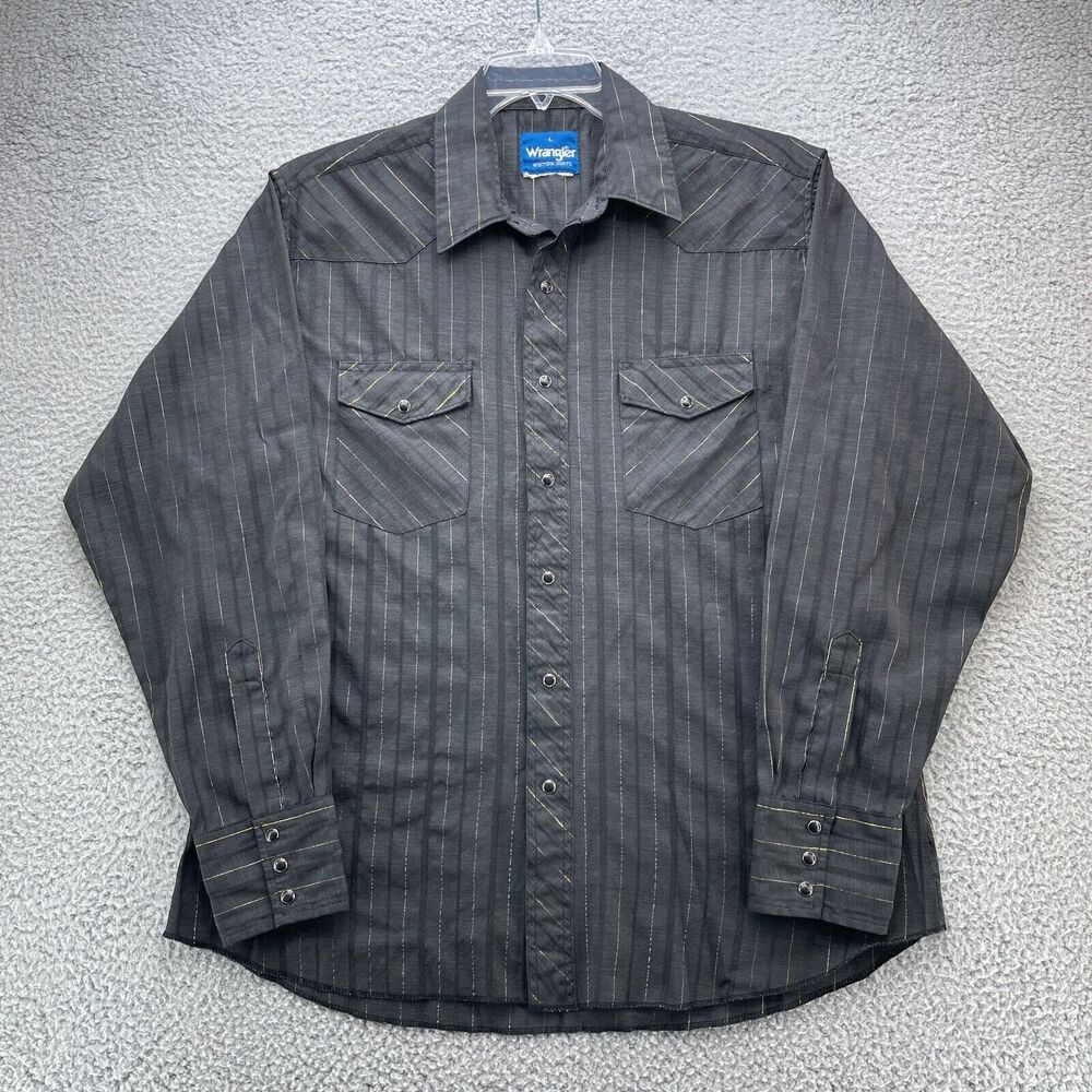 Wrangler Pearl Snap Shirt Mens Large Black Stripe Gold Foil Thread Long Sleeve